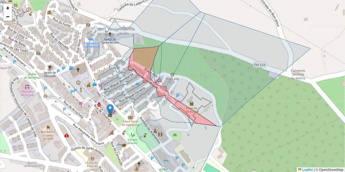Mapa detalhado do código postal 7320-121 com limites, códigos postais vizinhos e agências dos correios
