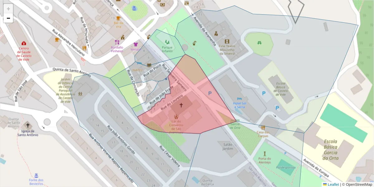Mapa detalhado do código postal 7320-125 com limites, códigos postais vizinhos e agências dos correios
