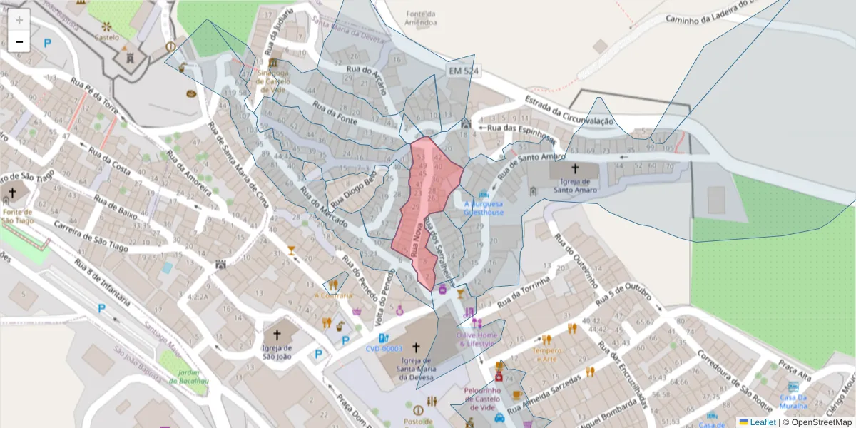 Mapa detalhado do código postal 7320-199 com limites, códigos postais vizinhos e agências dos correios