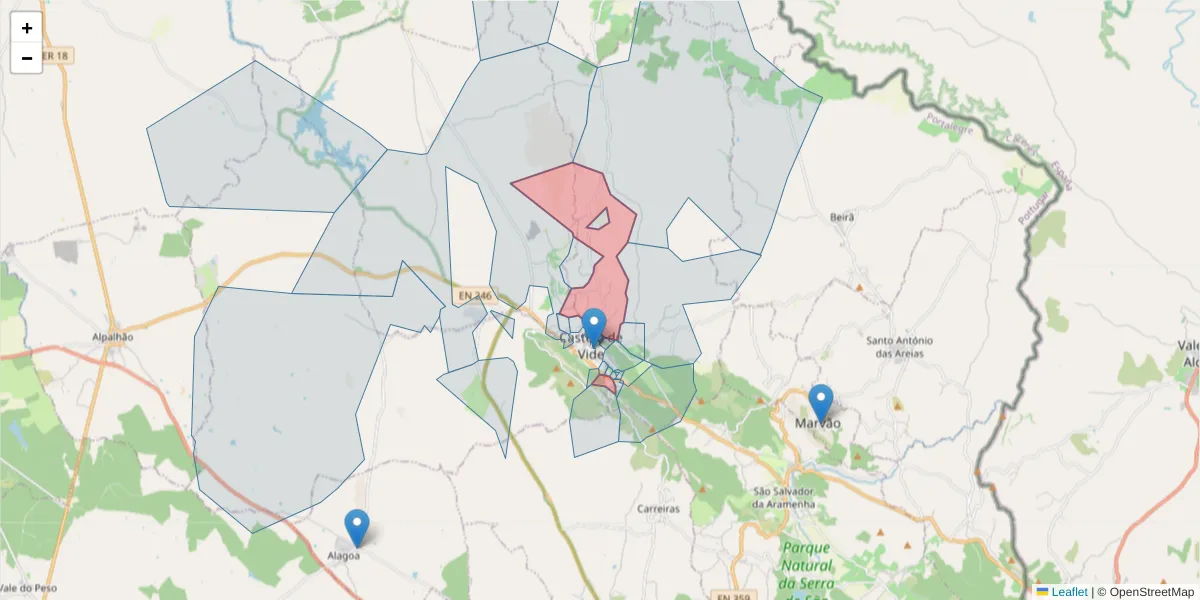 Mapa detalhado do código postal 7320-203 com limites, códigos postais vizinhos e agências dos correios