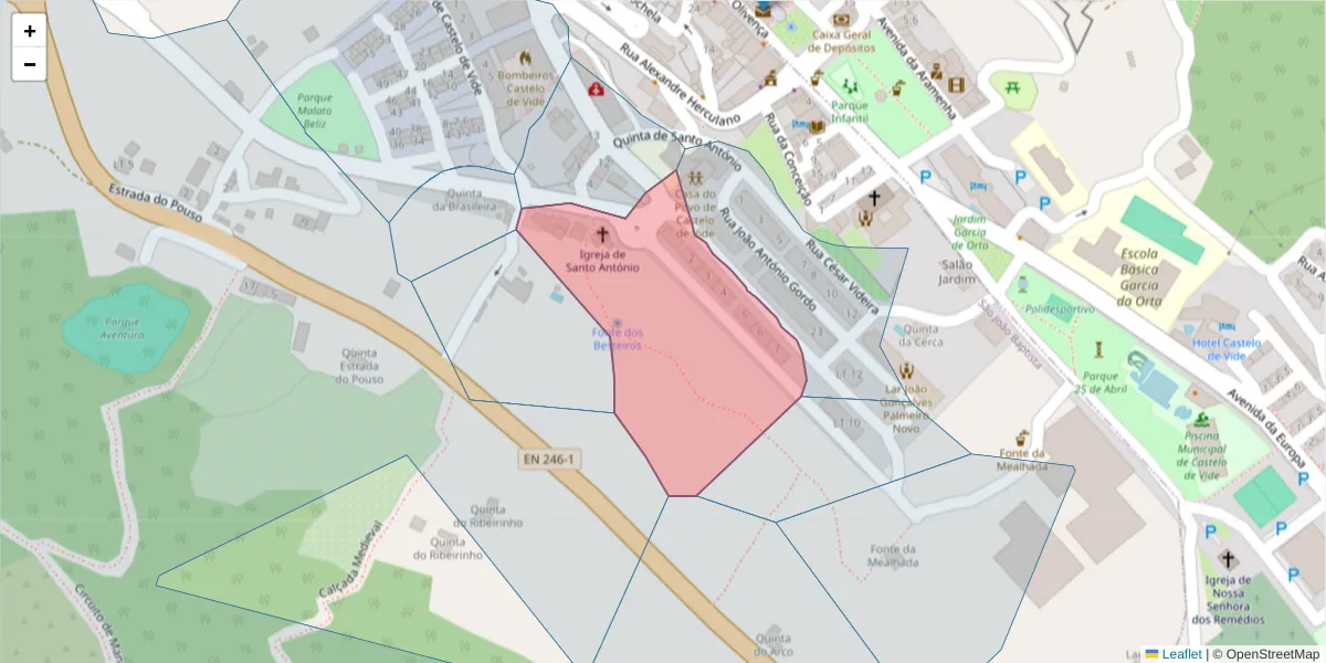 Mapa detalhado do código postal 7320-207 com limites, códigos postais vizinhos e agências dos correios