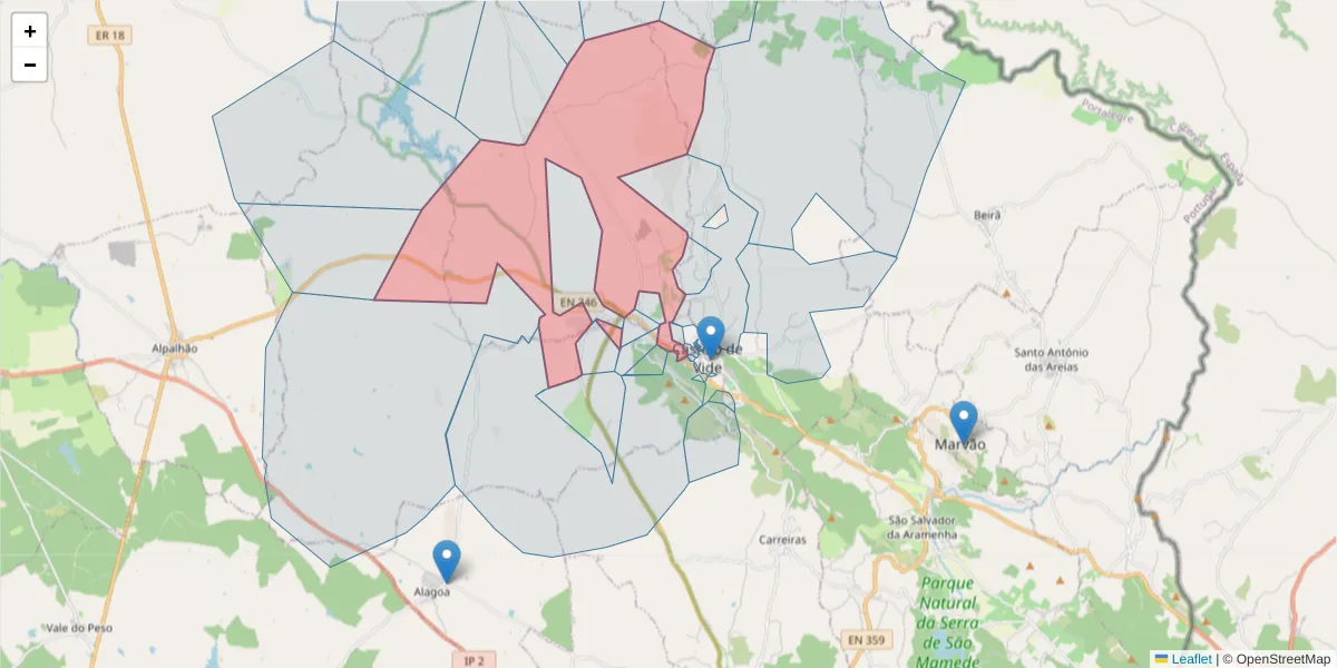 Mapa detalhado do código postal 7320-301 com limites, códigos postais vizinhos e agências dos correios