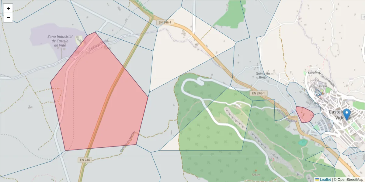 Mapa detalhado do código postal 7320-405 com limites, códigos postais vizinhos e agências dos correios