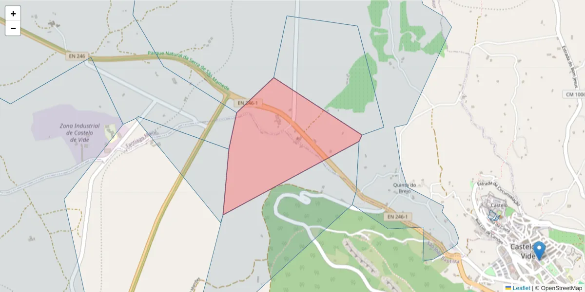Mapa detalhado do código postal 7320-411 com limites, códigos postais vizinhos e agências dos correios