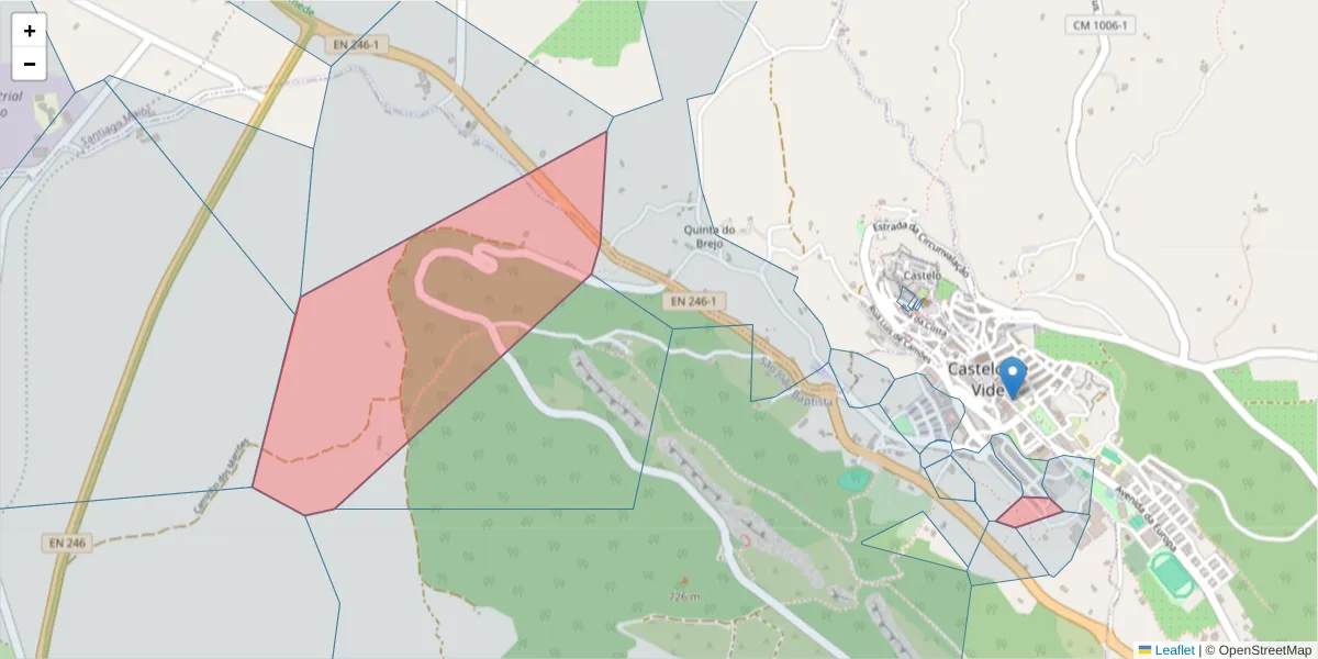 Mapa detalhado do código postal 7320-421 com limites, códigos postais vizinhos e agências dos correios