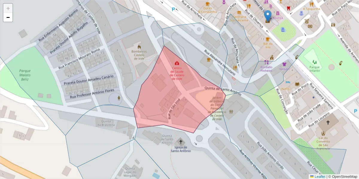 Mapa detalhado do código postal 7320-438 com limites, códigos postais vizinhos e agências dos correios