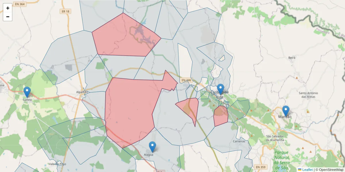 Mapa detalhado do código postal 7320-441 com limites, códigos postais vizinhos e agências dos correios