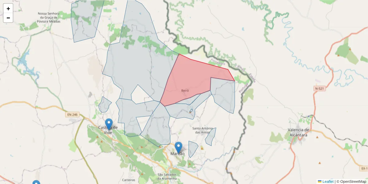 Mapa detalhado do código postal 7330-012 com limites, códigos postais vizinhos e agências dos correios