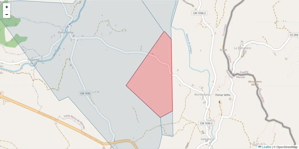 Mapa detalhado do código postal 7330-053 com limites, códigos postais vizinhos e agências dos correios