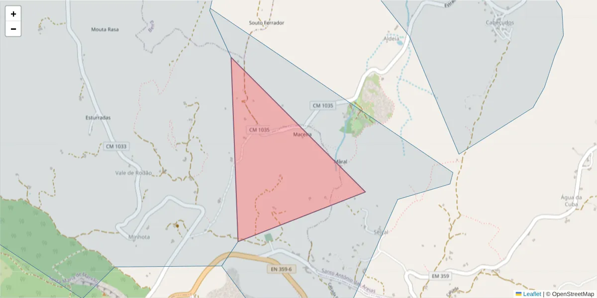Mapa detalhado do código postal 7330-059 com limites, códigos postais vizinhos e agências dos correios