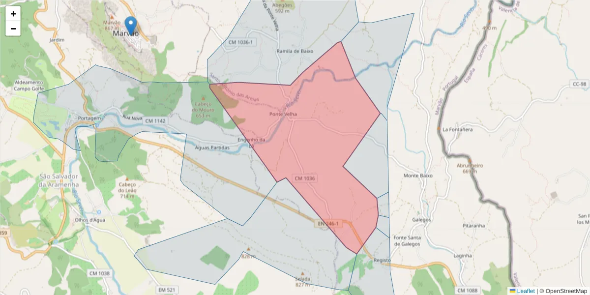 Mapa detalhado do código postal 7330-074 com limites, códigos postais vizinhos e agências dos correios