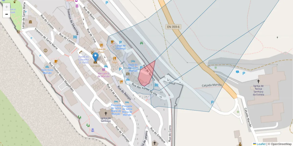 Mapa detalhado do código postal 7330-107 com limites, códigos postais vizinhos e agências dos correios