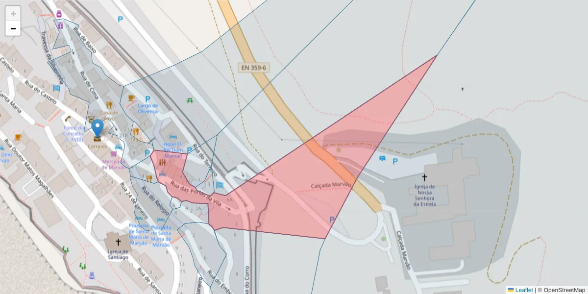 Mapa detalhado do código postal 7330-109 com limites, códigos postais vizinhos e agências dos correios