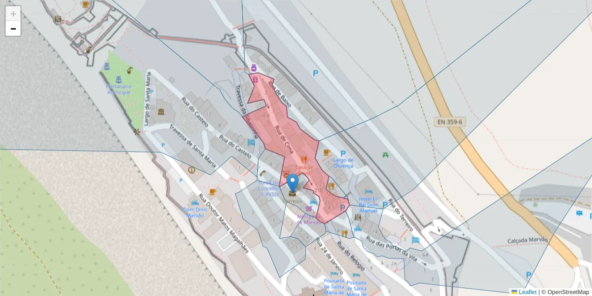 Mapa detalhado do código postal 7330-111 com limites, códigos postais vizinhos e agências dos correios