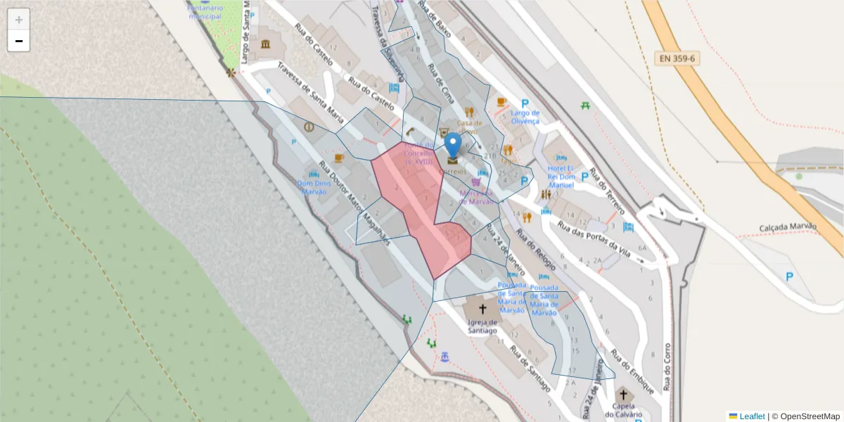 Mapa detalhado do código postal 7330-119 com limites, códigos postais vizinhos e agências dos correios