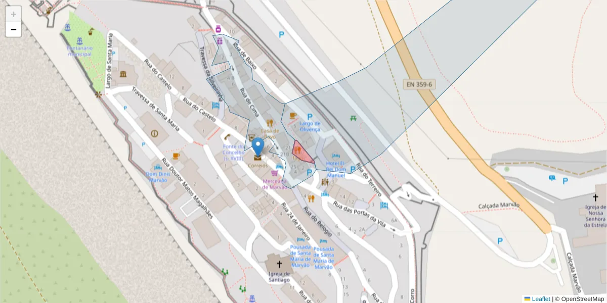 Mapa detalhado do código postal 7330-124 com limites, códigos postais vizinhos e agências dos correios