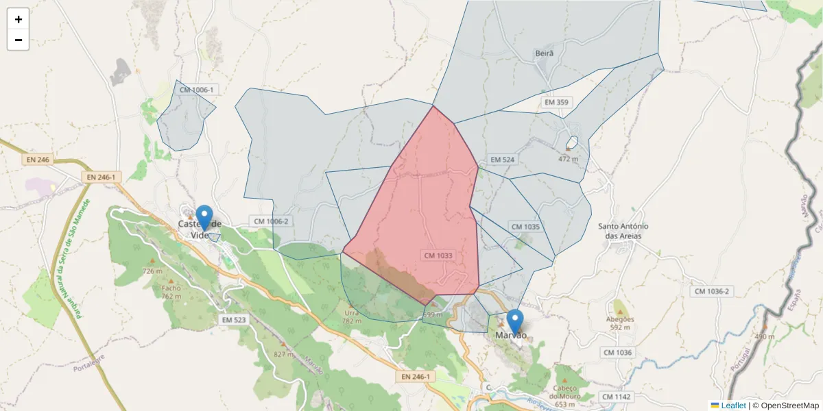 Mapa detalhado do código postal 7330-151 com limites, códigos postais vizinhos e agências dos correios