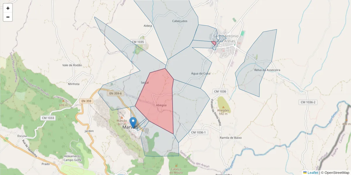Mapa detalhado do código postal 7330-201 com limites, códigos postais vizinhos e agências dos correios