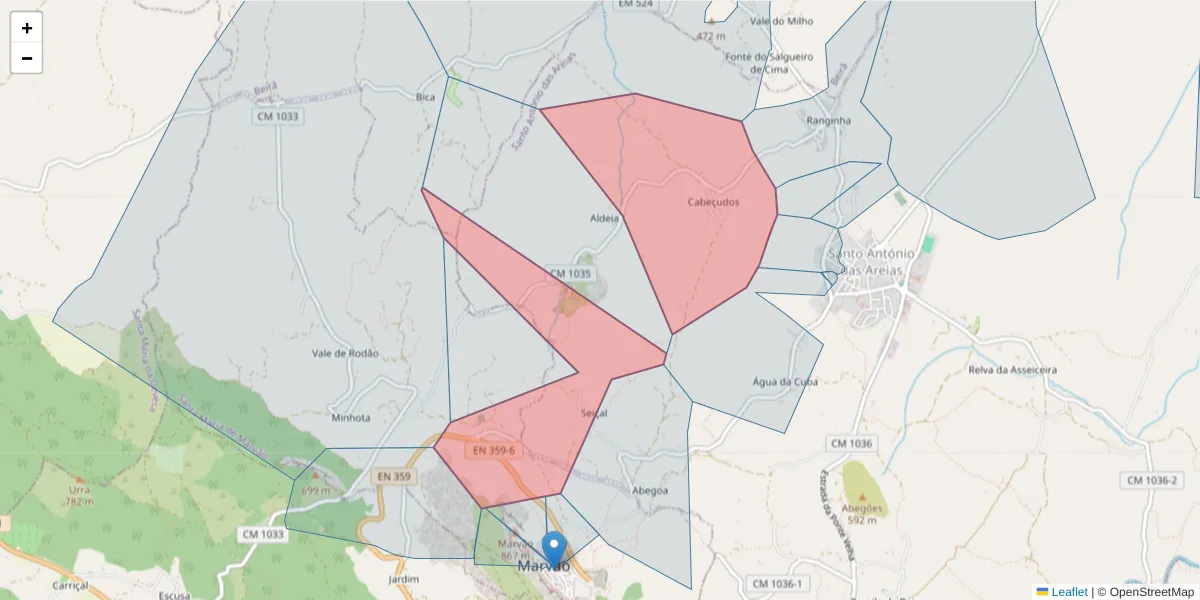 Mapa detalhado do código postal 7330-205 com limites, códigos postais vizinhos e agências dos correios