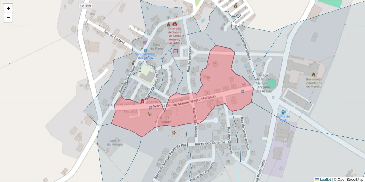 Mapa detalhado do código postal 7330-250 com limites, códigos postais vizinhos e agências dos correios