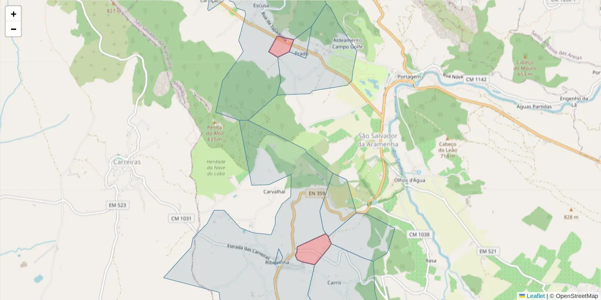 Mapa detalhado do código postal 7330-320 com limites, códigos postais vizinhos e agências dos correios
