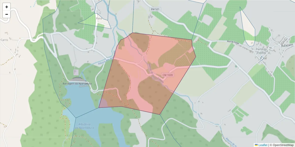 Mapa detalhado do código postal 7330-323 com limites, códigos postais vizinhos e agências dos correios