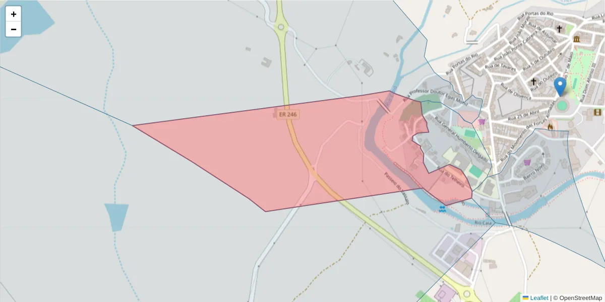Mapa detalhado do código postal 7340-001 com limites, códigos postais vizinhos e agências dos correios