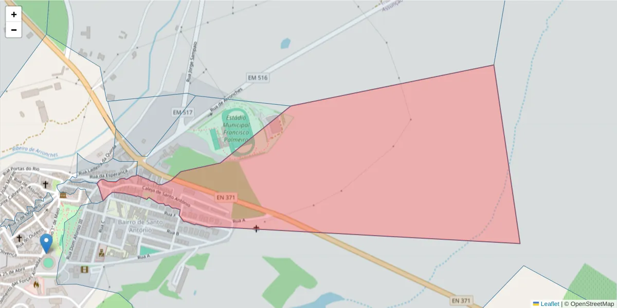Mapa detalhado do código postal 7340-003 com limites, códigos postais vizinhos e agências dos correios