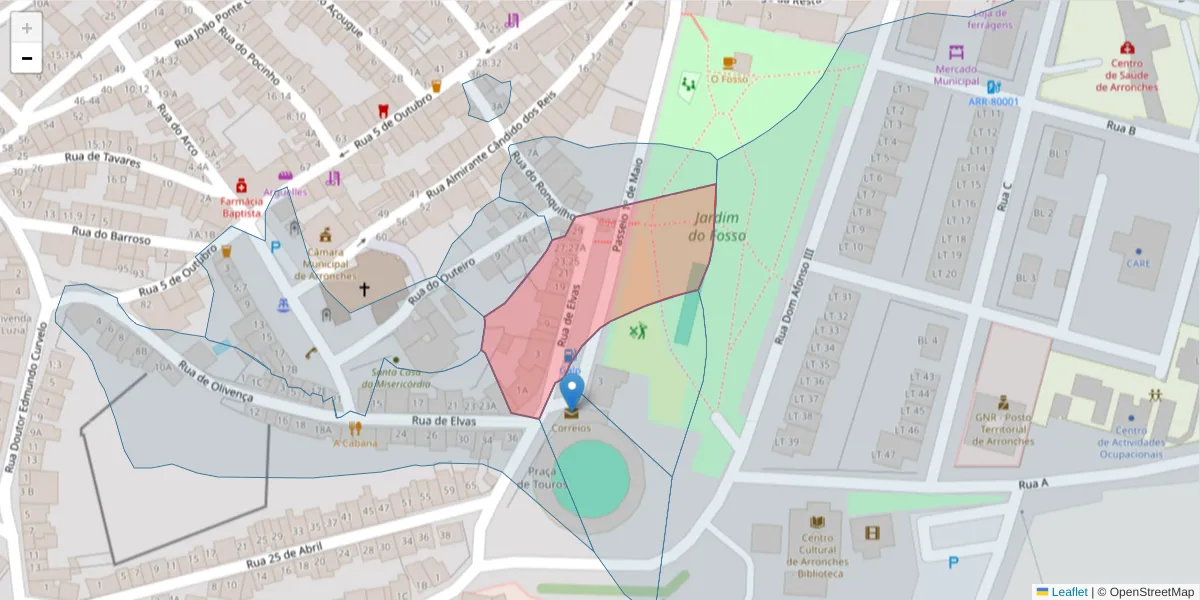 Mapa detalhado do código postal 7340-018 com limites, códigos postais vizinhos e agências dos correios