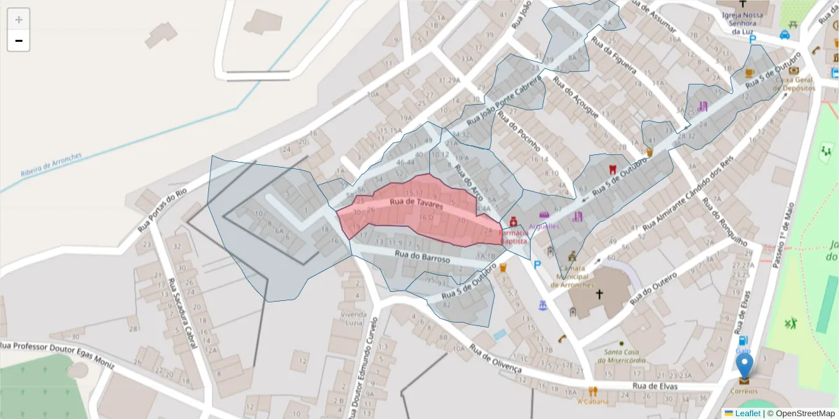 Mapa detalhado do código postal 7340-020 com limites, códigos postais vizinhos e agências dos correios