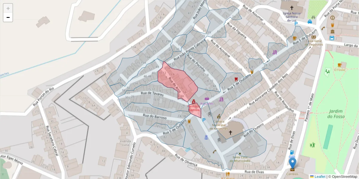 Mapa detalhado do código postal 7340-022 com limites, códigos postais vizinhos e agências dos correios