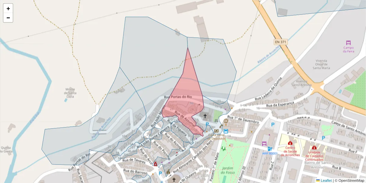 Mapa detalhado do código postal 7340-023 com limites, códigos postais vizinhos e agências dos correios