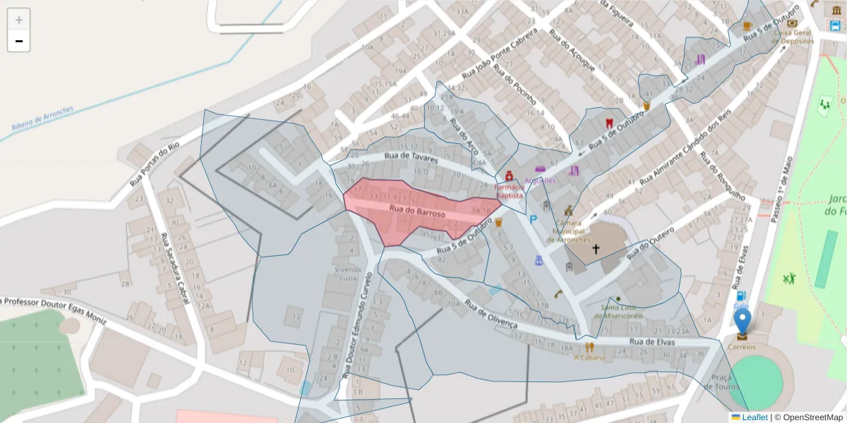 Mapa detalhado do código postal 7340-024 com limites, códigos postais vizinhos e agências dos correios