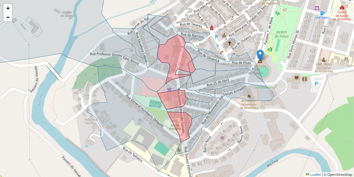 Mapa detalhado do código postal 7340-029 com limites, códigos postais vizinhos e agências dos correios