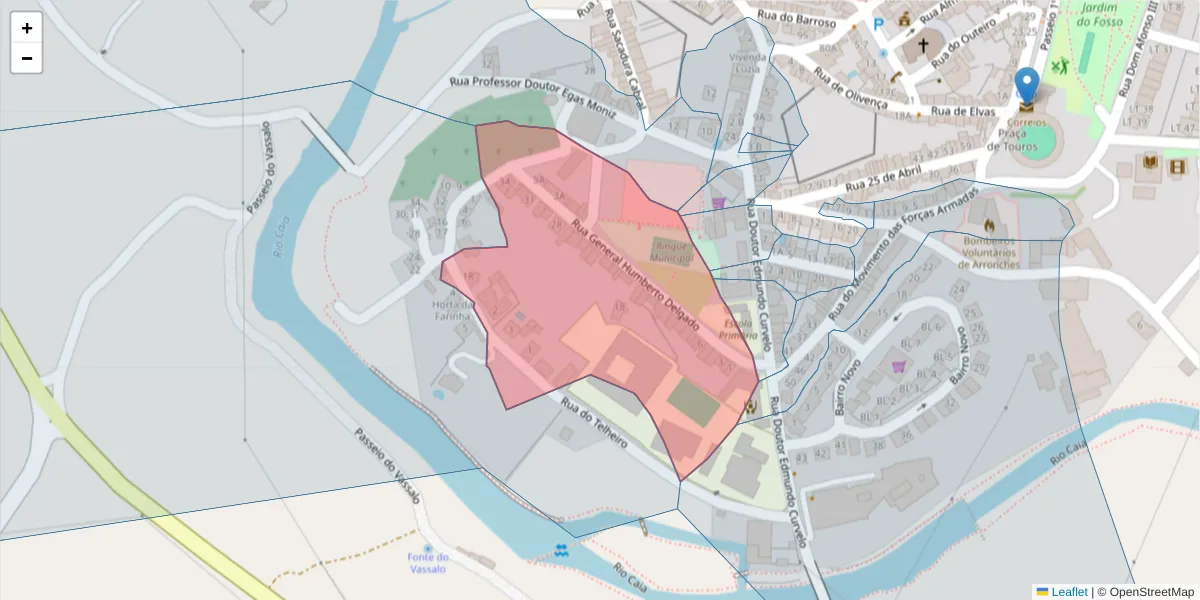 Mapa detalhado do código postal 7340-031 com limites, códigos postais vizinhos e agências dos correios