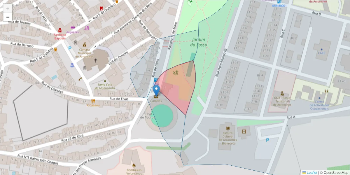 Mapa detalhado do código postal 7340-035 com limites, códigos postais vizinhos e agências dos correios