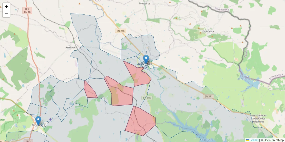 Mapa detalhado do código postal 7340-117 com limites, códigos postais vizinhos e agências dos correios