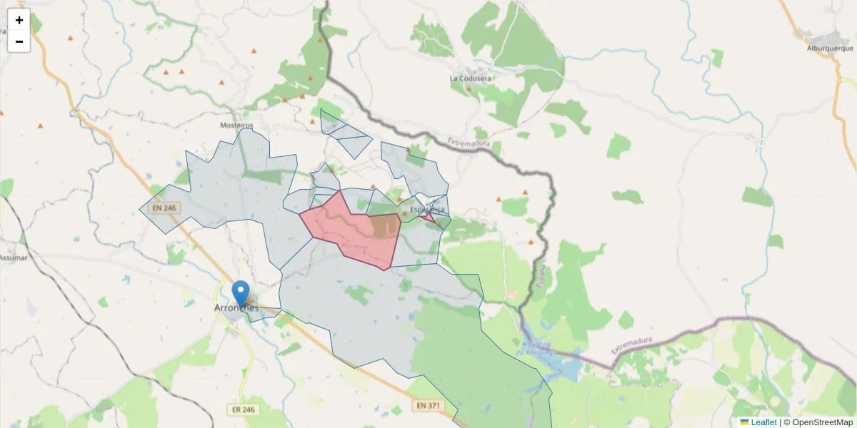 Mapa detalhado do código postal 7340-125 com limites, códigos postais vizinhos e agências dos correios