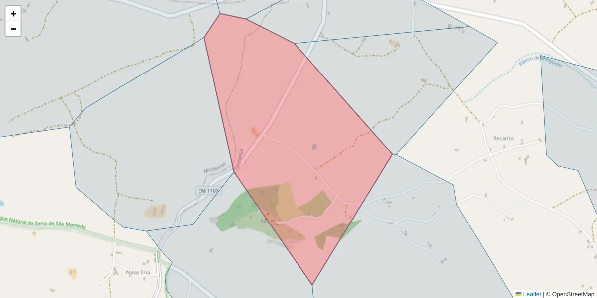 Mapa detalhado do código postal 7340-143 com limites, códigos postais vizinhos e agências dos correios