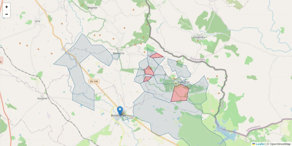 Mapa detalhado do código postal 7340-151 com limites, códigos postais vizinhos e agências dos correios