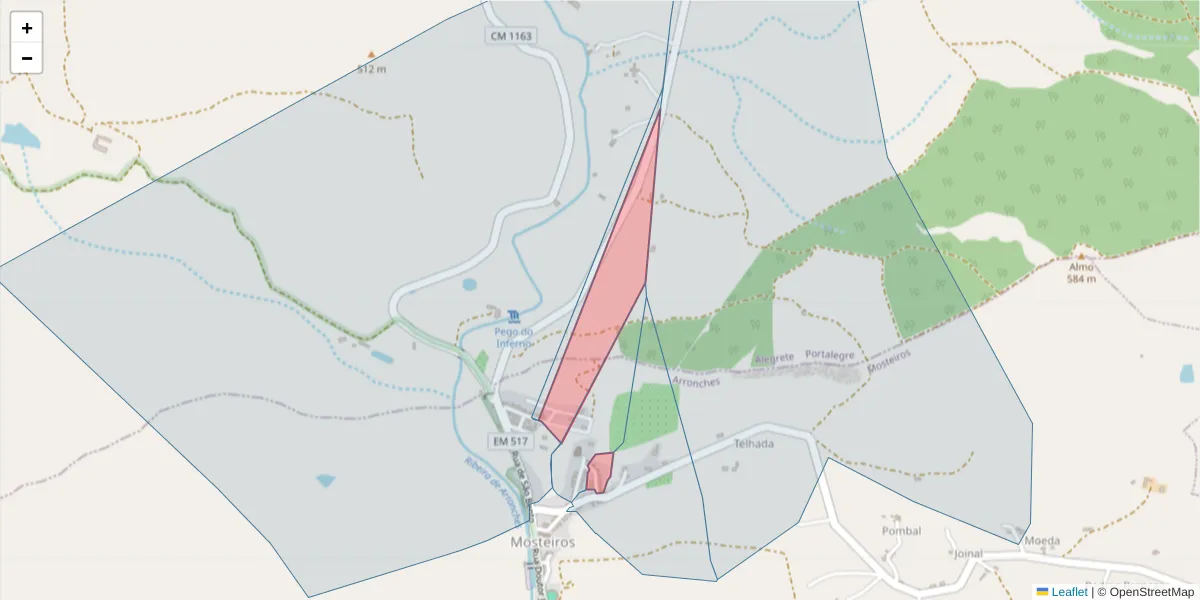 Mapa detalhado do código postal 7340-215 com limites, códigos postais vizinhos e agências dos correios