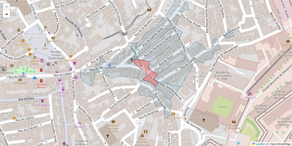 Mapa detalhado do código postal 7350-003 com limites, códigos postais vizinhos e agências dos correios