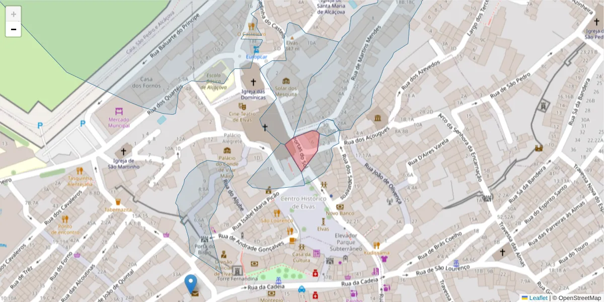 Mapa detalhado do código postal 7350-021 com limites, códigos postais vizinhos e agências dos correios