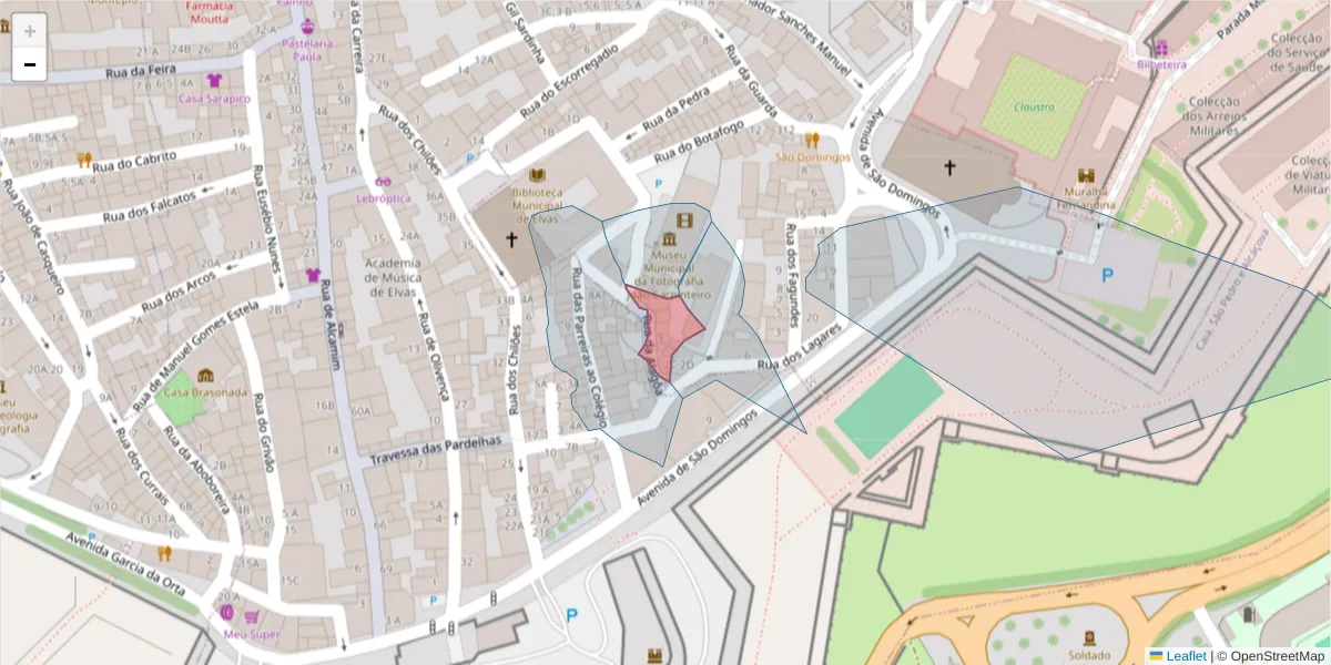 Mapa detalhado do código postal 7350-023 com limites, códigos postais vizinhos e agências dos correios