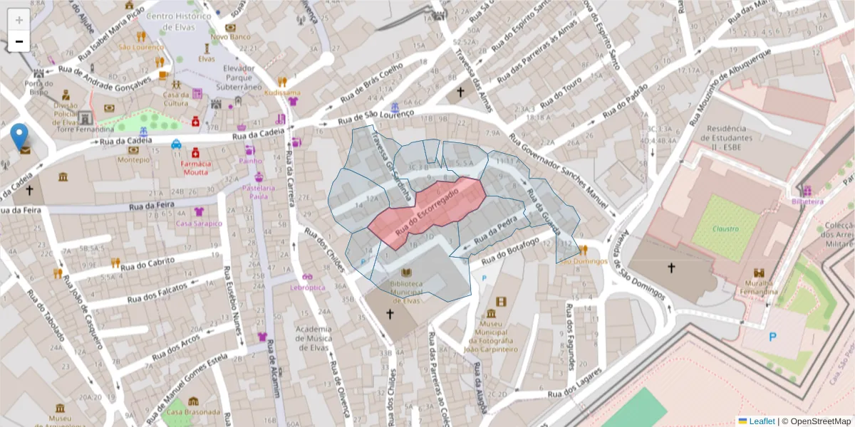 Mapa detalhado do código postal 7350-029 com limites, códigos postais vizinhos e agências dos correios