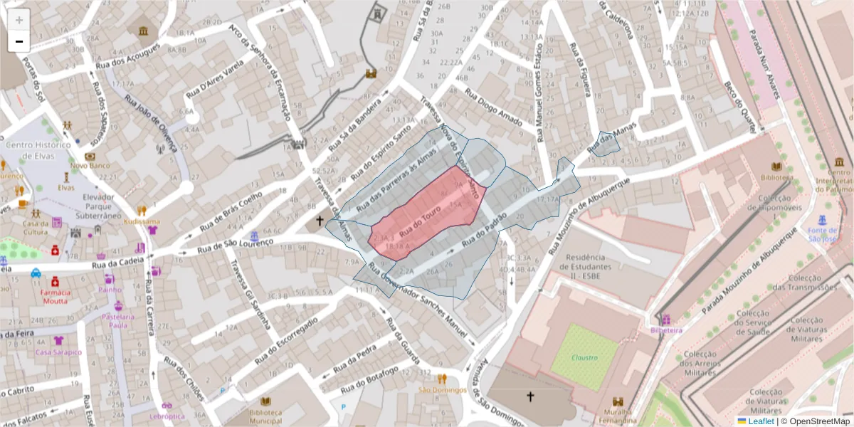 Mapa detalhado do código postal 7350-030 com limites, códigos postais vizinhos e agências dos correios