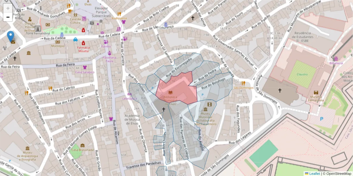 Mapa detalhado do código postal 7350-032 com limites, códigos postais vizinhos e agências dos correios