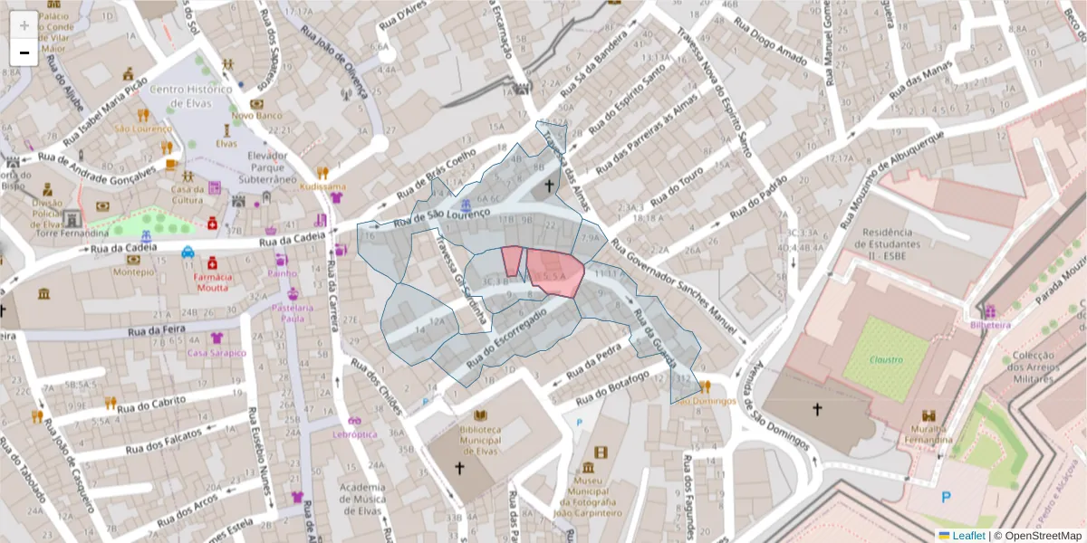 Mapa detalhado do código postal 7350-040 com limites, códigos postais vizinhos e agências dos correios