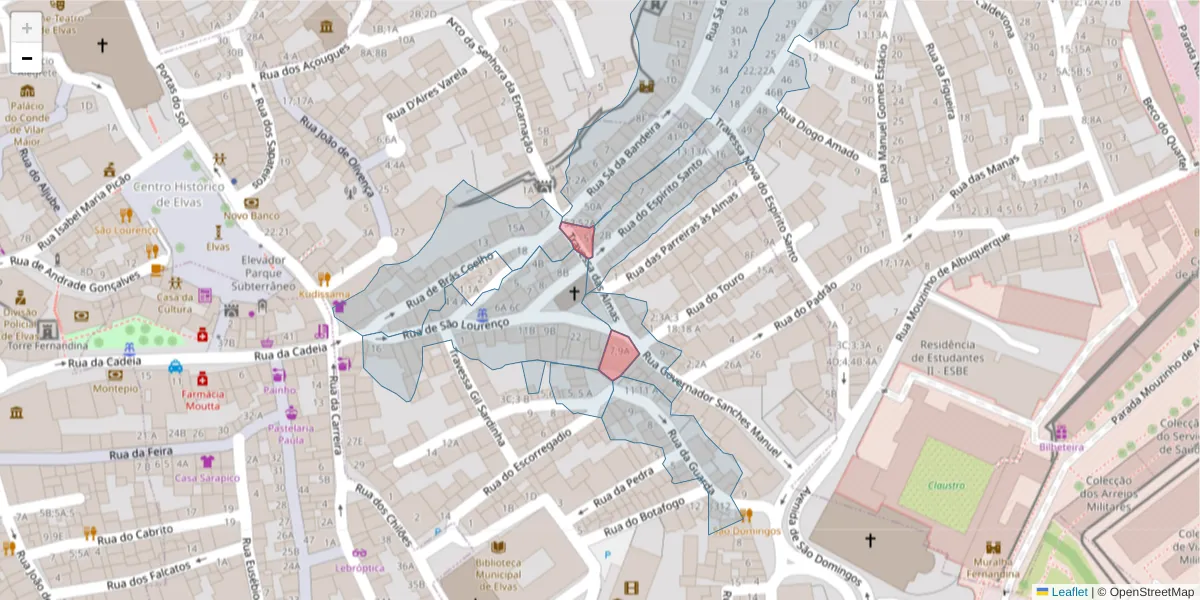 Mapa detalhado do código postal 7350-041 com limites, códigos postais vizinhos e agências dos correios
