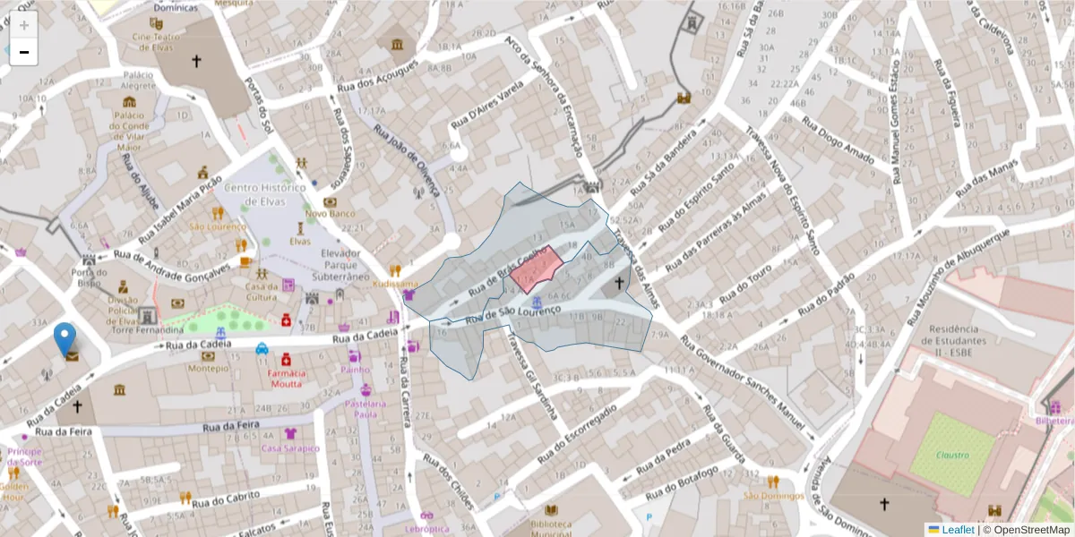 Mapa detalhado do código postal 7350-042 com limites, códigos postais vizinhos e agências dos correios